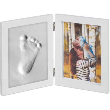 4 x Babybilderrahmen mit Gipsabdruck, Set für Handabdruck oder Fußabdruck, DIY Babyabdruck mit Bilderrahmen, weiß