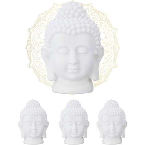 4 x Buddha Head, Plastic, HWD: 17x12x10 cm, Zen Deco Figurine for Home or Yoga Studio, Feng Shui Decoration, White