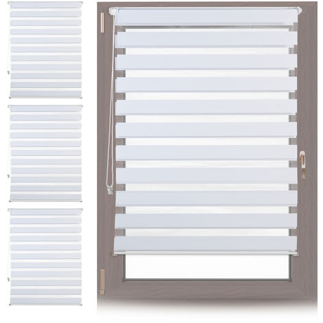 4 x Doppelrollo Klemmfix ohne bohren, Seitenzugrollo mit Streifen, Duo-Rollo für Fenster, Stoff 106x156 cm, weiß