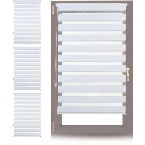 4 x Doppelrollo Klemmfix ohne bohren, Seitenzugrollo mit Streifen, Duo-Rollo für Fenster, Stoff 76x156 cm, weiß