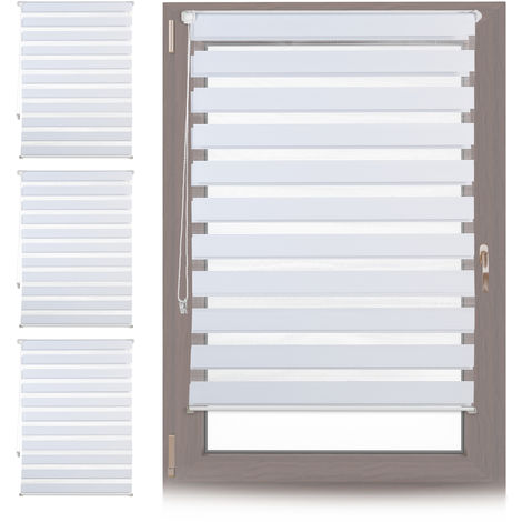 4 x Doppelrollo Klemmfix ohne bohren, Seitenzugrollo mit Streifen, Duo-Rollo für Fenster, Stoff 96x156 cm, weiß
