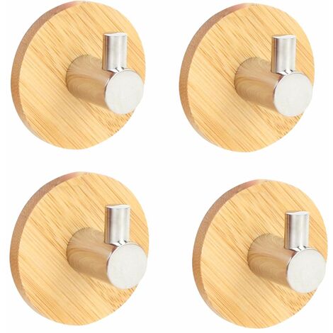4 x Imperméable Crochet Adhésif Bambou et Acier Inoxydable Crochets Crochets Muraux de Porte en Métal avec Autocollant pour Salle de Bains Cuisine Mur Plafond Placard