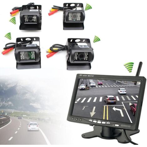 4 x kabellose Rückfahrkamera mit 120°-Nachtsicht, kabellose Einparkhilfe mit kabellosem 7-Zoll-LCD-Bildschirm, 18 IR-LEDs, Nachtsicht, wasserdichte kabellose IP67-Autokamera für Anhänger, Busse und LK