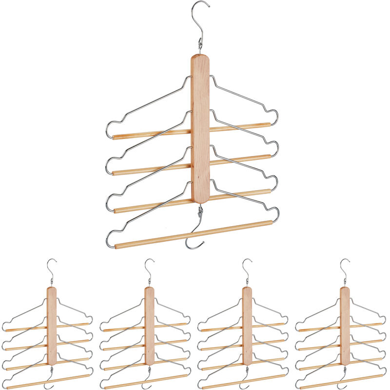 Set of 5 Relaxdays Multi Clothes Hanger, Holder with 4 Flexible Coat Hangers, Organiser, Metal Hooks, Wood, Natural