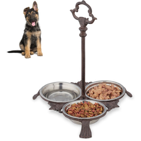 4 x Napf Gusseisen, 3-fach Napfstation für Hunde & Katzen, 12 Edelstahlnäpfe 200ml, antik, Griff, outdoor, dunkelbraun