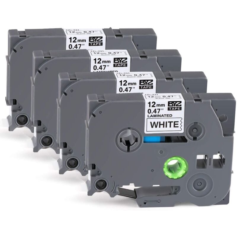 4 x Ruban Etiqueteuse Cassette Ruban pour étiqueteuse Noir sur Blanc 12mm x 8m,Compatible Brother P-Touch Étiqueteuses PT-E100 PT-E200 D200 D210 H100