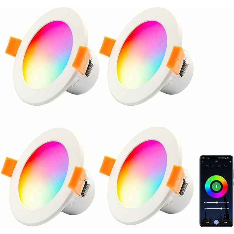 4 x Spot encastré led wifi, spot plafond led WiFi 10W rgb dimmable, downlight led encastré rond 230V pour salon, chambre, compatible avec app, Alexa,