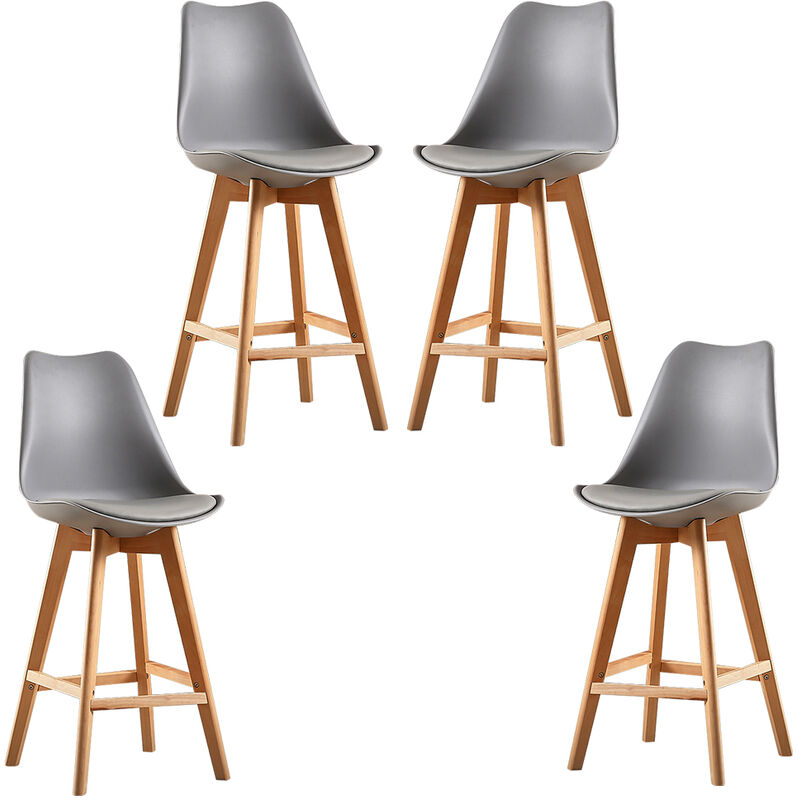 

Wyctin - 4 x Taburete de bar Silla Cocina alta Restaurante con respaldo Reposapiés Cuero ecológico Madera moderna, gris