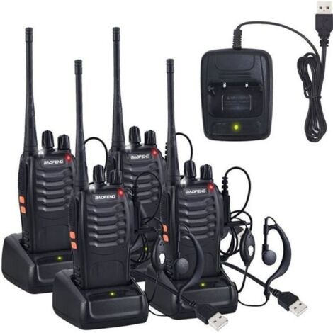 4 x Talkie Walkie Deux Voies Radio UHF 400-470MHz Walkie Talkie Avec Ecouteurs Originaux Transmetteur Portatif FM 16 Chaînes - Noir