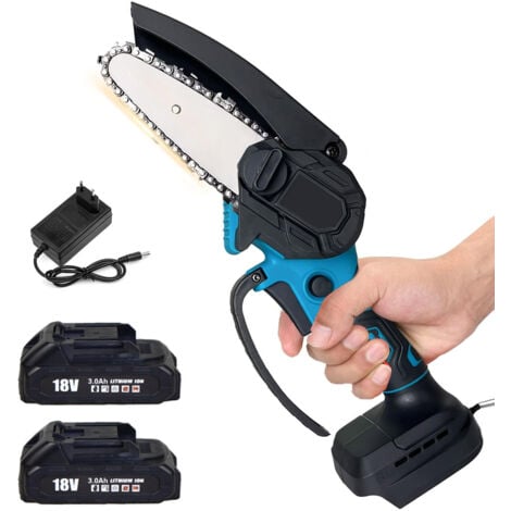 MAWIRON 4-Zoll-Mini-Akku-Kettensäge, elektrische Kettensägen mit Sicherheitsverriegelung, kleine tragbare Kettensäge, 2 3,0-A-Akkus + Ladegerät, kompatibel mit Makita-Ladegerät
