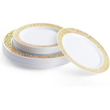 40 Assiettes en Plastique Réutilisables Blanches Premium avec Bord Doré (20 Assiettes Plates, 20 Assiettes à Dessert) - Solide et Élégant pour Mariages, Anniversaires, Fêtes