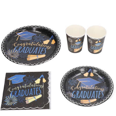 40 Assiettes Jetables Noires pour Cérémonie de Remise des Diplômes - Service de Table Élégant avec Sets de Nappe - Décoration de Fête de Fin d'Études