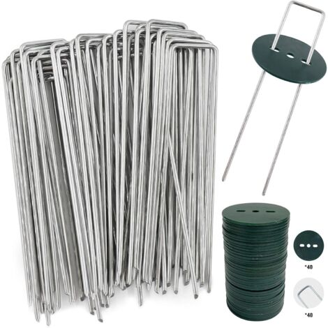 40 estacas de jardín con arandelas, estacas de seguridad de lona de acero galvanizado, grapas de seguridad de tela para mantillo - 150 mm de largo, 25 mm de ancho, 2,8 mm de diámetro