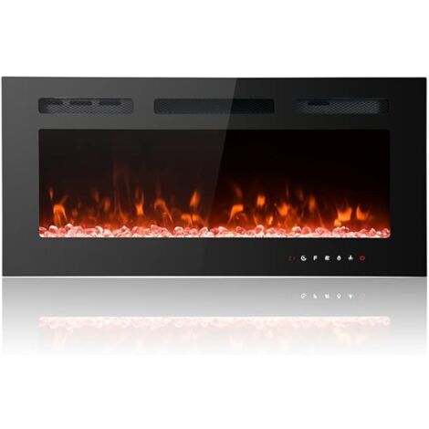 40-Inch Stylish Ultra-Thin Low-Noise Electric Fireplace,12-Colour Adjustable Breathing Flames, Recessed, Free-Standing or Wall-Mounted, with Glass Touchscreen, Remote Control, and Crystal & Log Kits