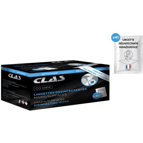 40 lingettes désinfectantes mains/surfaces EN 14476 / EN 1276 / EN 1650 - CO 0414 - CLAS Equipements