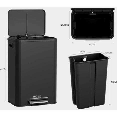 40-Liter-Küchenabfalleimer, Treteimer mit Soft-Close-Deckel, Edelstahl, Schwarz