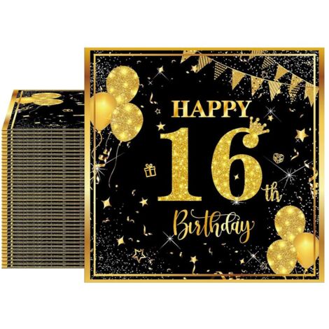 40 Pack de serviettes d'anniversaire, 16e anniversaire serviettes (noir or), Serviettes décoratives 16e anniversaire pour les garçons, les filles
