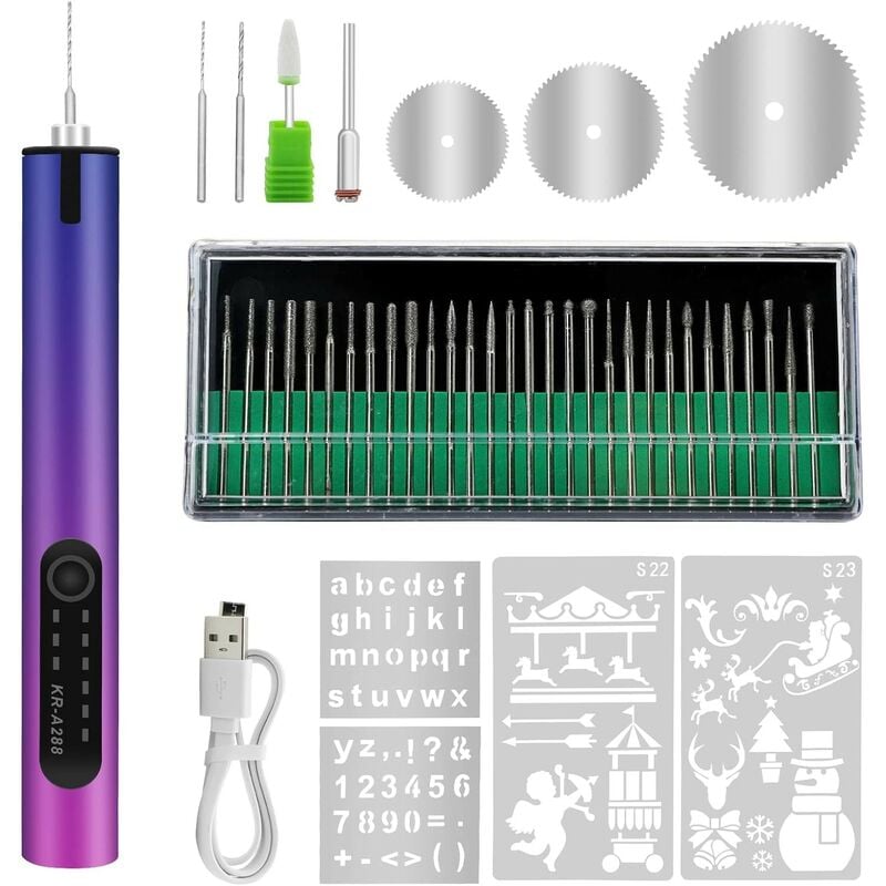 Kinsi - 40 Pcs Graveur Électrique- Gravure Carve Outil, Mini Stylo Graveur sans Fil, Violet