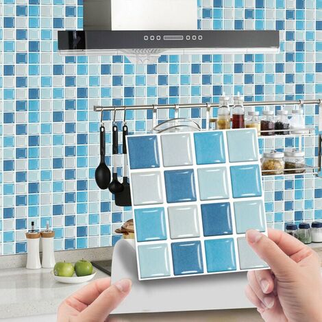 40 Pi��ces Rectangle Adh��sive D��corative �� Carreaux pour Salle de Bains et Cuisine Stickers Carrelage, Motif Marbre Mosa?que Imperm��ables Adh��sive D��coration (Bleu Mosa?que,40Pi��ces)