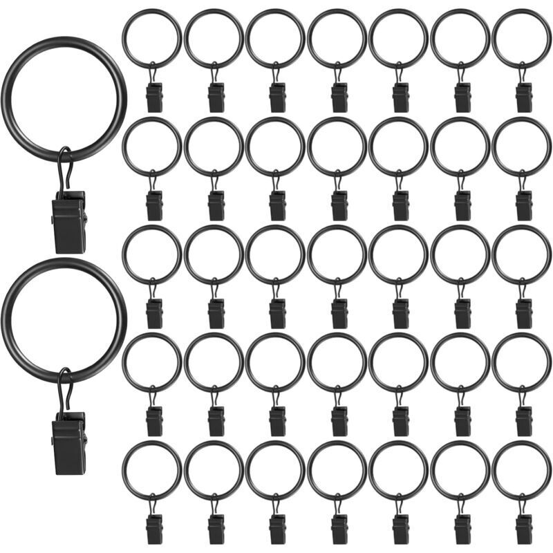 40 Pièces Anneaux de Rideau avec Clips, Anneaux à Pince de Rideau en Metal, pour Tringle à Rideaux de Douche, Rideau de Fenêtre, avec Crochet - Noir