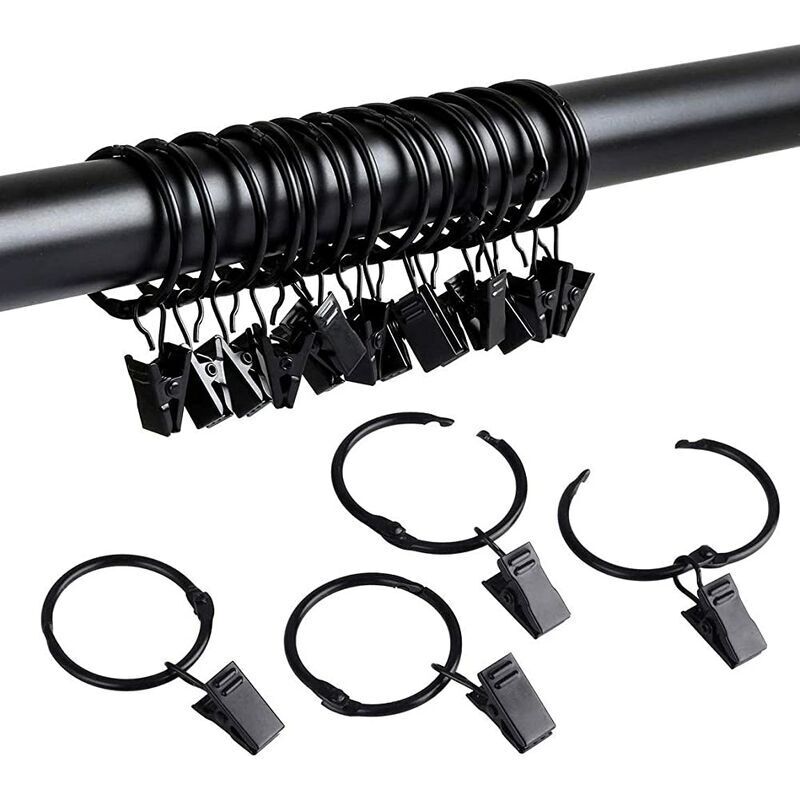 40 pièces Anneaux de Rideaux avec Pinces, Anneaux Rideaux en Métal pour Rideaux Anneaux à Pinces pour Rideau Clips Crochets (Noir 25mm)