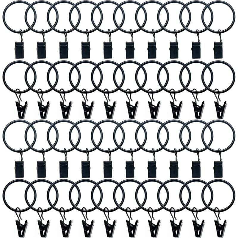 40 Pièces Anneaux Rideaux Metal avec Pinces Pince pour Rideaux Diamètre Intérieur de 32mm Noir