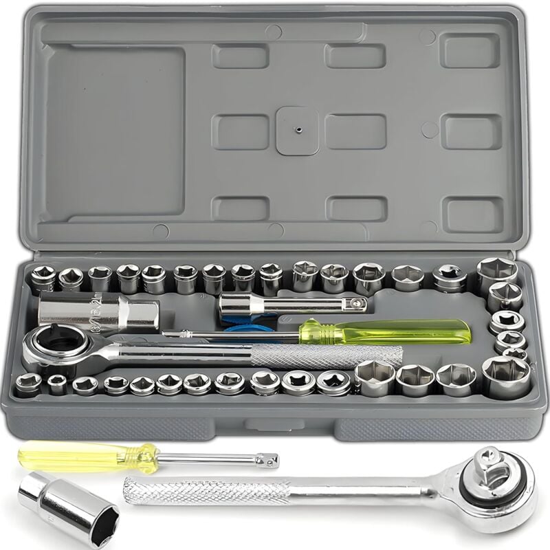 S-giant - 40 pièces Lot douilles et cliquet Chrome Vanadium 1/4' clé cliquet Adaptateur Jeu Coffret Douille, cliquet pliables, système métrique, eu