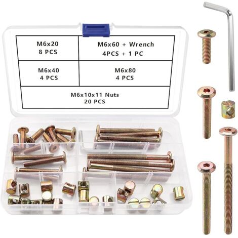 40 Pièces M6 x 20/40/60/80 mm Vis Écrous de Quincaillerie Lit Kit, Baril à Six Pans Creux Boulons Meubles, avec Clé Allen, pour Meubles Chaises Berceau, Jaune