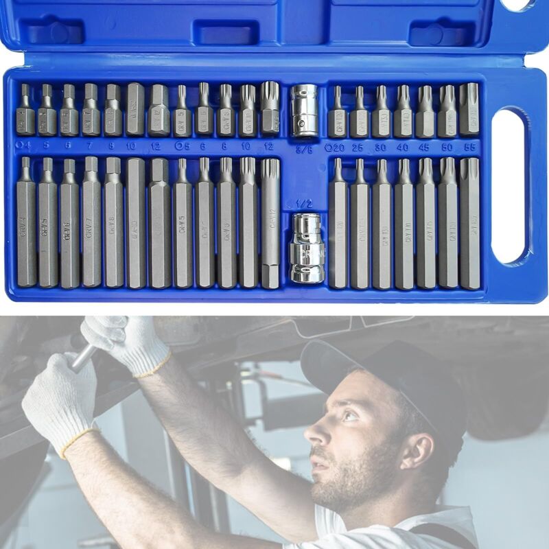40 Pièces Outillage Douille a Choc, Embouts de Vissage, Tournevis a Frapper, des Clés Hexagonales et des Clés Cannelées, Embout Torx, 1/2 In 3/8 In