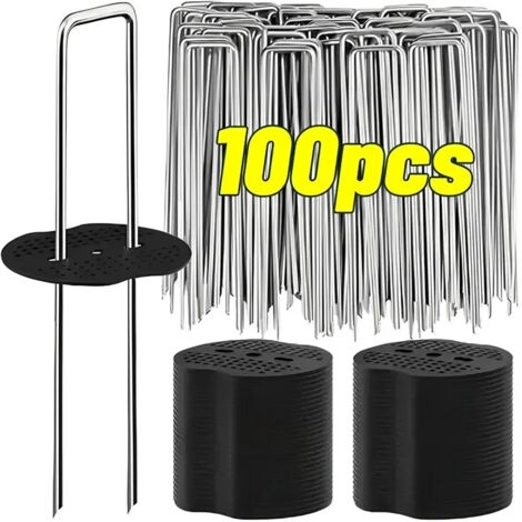 (40 pièces) Piquets de jardin en forme de U avec rondelles de blocage pour fixer les filets anti-mauvaises herbes et accessoires de jardinage.