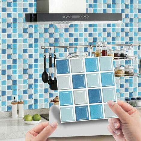 40 Pièces Rectangle Adhésive Décorative à Carreaux pour Salle de Bains et Cuisine Stickers Carrelage, Motif Marbre Mosaïque Imperméables Adhésive Décoration (Bleu Mosaïque,40Pièces),HANBING