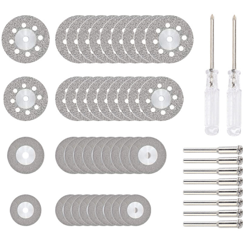 

40 piezas de ruedas de corte de diamante (25 mm / 22 mm / 18 mm / 16 mm cada 10 piezas), 8 piezas de mandriles de vastago de 3 mm, 2 destornilladores