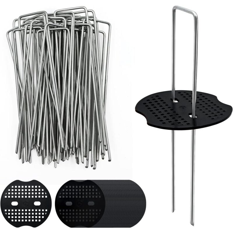 40 Piquet de Fixation Toile de Paillage avec 40 Rondelles Sardine, 15 cm Piquets de Jardin en u en Acier Galvanisé, Agrafe Toile Paillage pour
