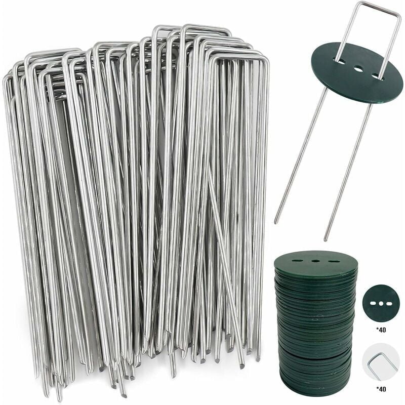 40 Piquets de Jardin avec Rondelles, Piquets de Fixation en Acier Galvanisé pour Baches, Agraphes de Fixation de Toile de paillage - 150 MM de Long,
