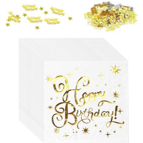 40 serviettes Happy Birthday blanc or – tissu jetable, , déco filles/garçons