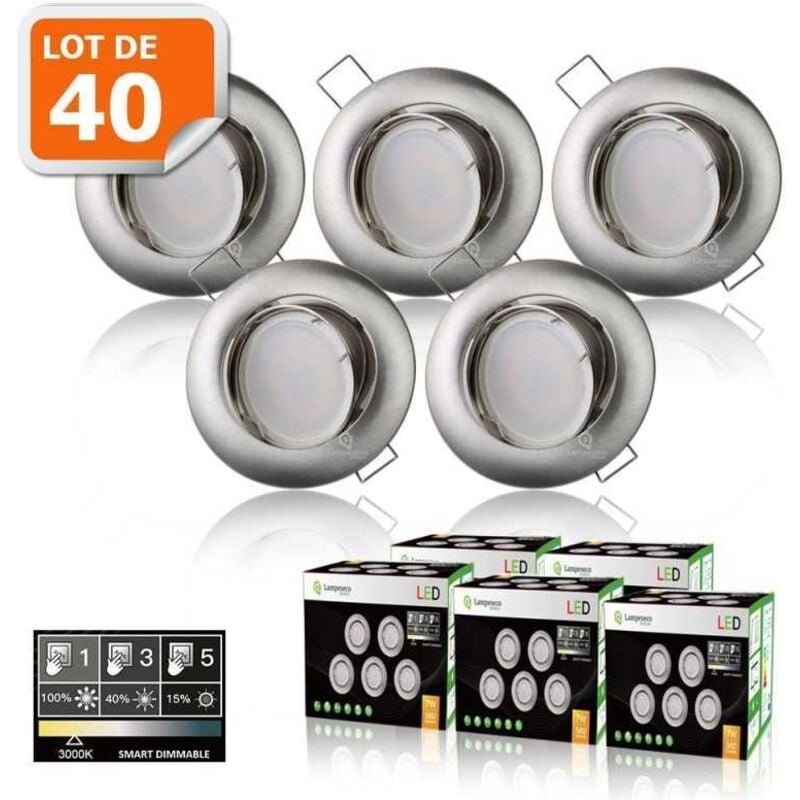 40 Spots led 3-step dimmable sans variateur 7w eq.56w blanc chaud orientable finition alu brossé