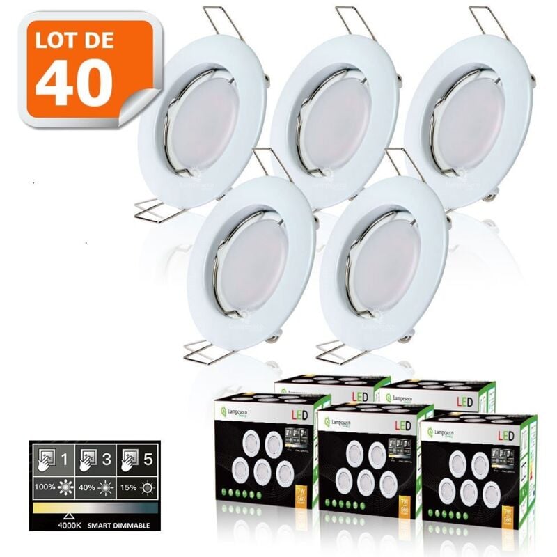 40 Spots led 3-step dimmable sans variateur 7w eq.56w blanc neutre finition blanc