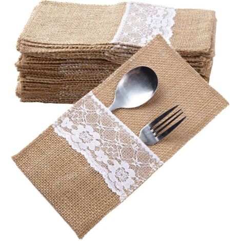 40 Stück Jute Bestecktaschen Besteckbeutel Besteckhalter Sackleinen mit Spitze Vintage Hochzeitsdeko Tischdeko für Hochzeit Party