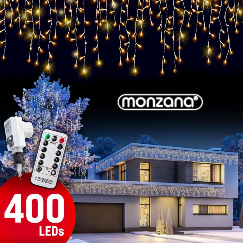 

Monzana Cadena de luces LED Carámbanos color Blanco cálido frío iluminación interior exterior decoración de navidad guirnalda 400 LED blancos cálidos