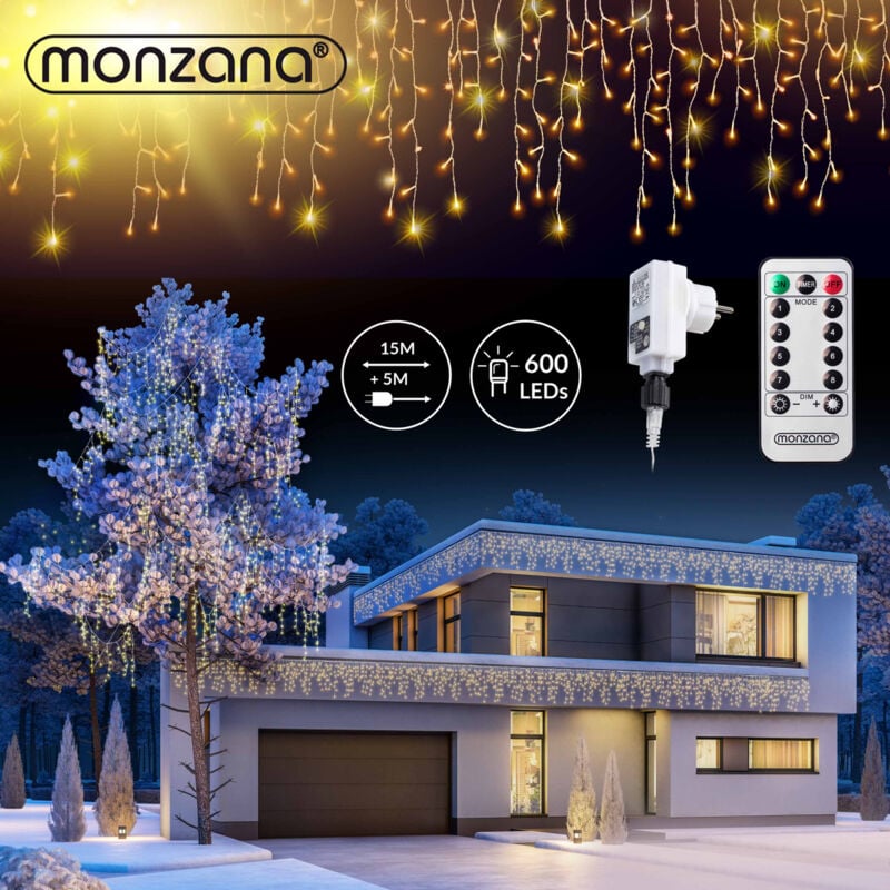 

Monzana Cadena de luces LED Carámbanos color Blanco cálido frío iluminación interior exterior decoración de navidad guirnalda 600 LED blanco cálido