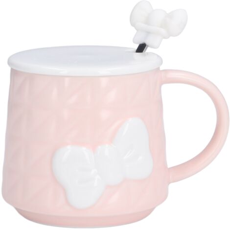 400-ml-Keramikbecher mit Edelstahllöffel und Deckel – Geschenkidee für Zuhause oder die Feiertage – Rosa mit Schleife