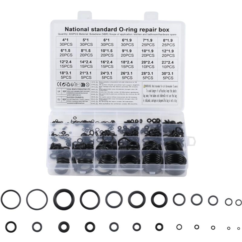 400 pièces de joints toriques, 24 tailles de joints en caoutchouc, kit de joints électriques, kit d'assortiment de joints toriques pour joints de