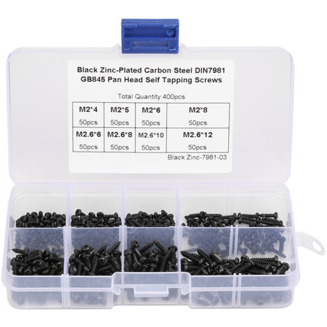 400 Pièces Vis à Tôle Autotaraudeuses à Tête Fraisée Cruciforme Noir M2 M2.6 Assortiment