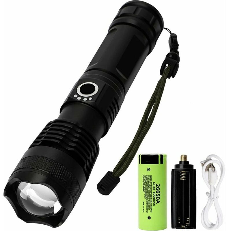 4000 Lumens led Flashlight, 5 Light Modes Zoomable Flashlight, usb Rechargeable XHP70 Super Bright Flashlight for Camping, Hiking, Emergency (Battery