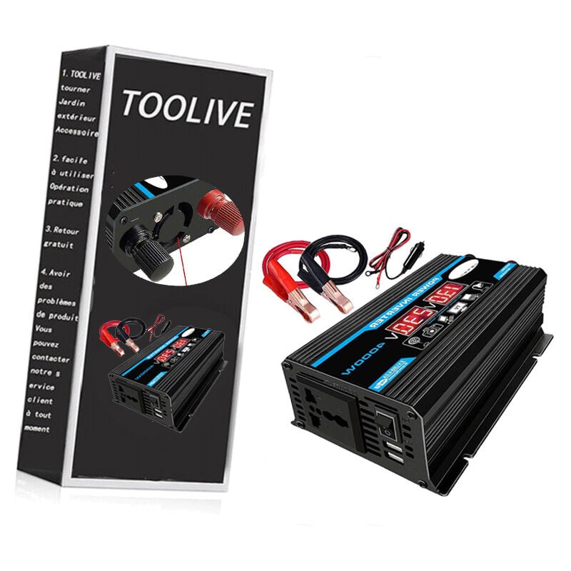 Toolive - 4000W Convertisseur 12V 220V Pur Sinus Onduleur à Onde Sinusoïdale Pure Transformateur avec Télécommande & Double ac Prises de Courant pour