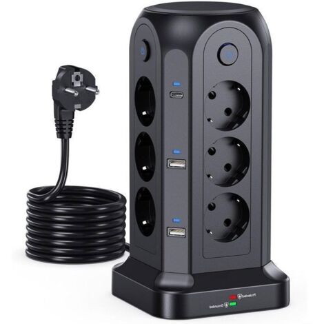 4000W Tour Multiprise Électrique, Prise Électrique avec 4 Interrupteur Individuel, 12 Prises, 4 USB, 2 Type-C, Câble 2 M