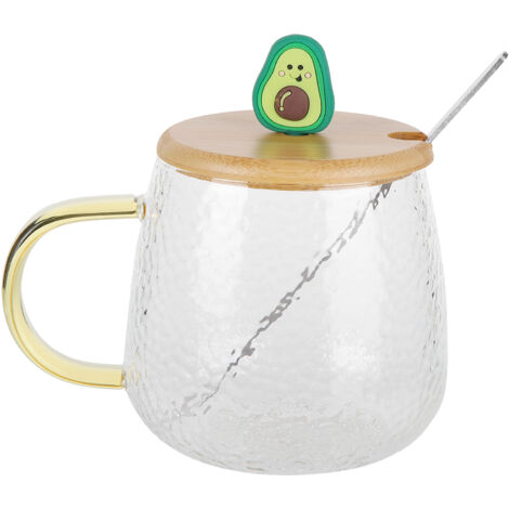 400ml Cute High Borosilicate Glass Cup HeatResistant Mug with Stainless Steel Spoon Bamboo Lid(Avocado )