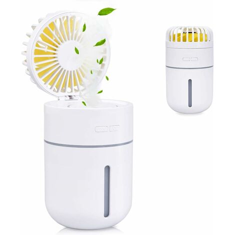 400ml Mini Humidificateur d'air avec Ventilateur, USB Rechargeable Portable Fan Climatiseur Purificateur Super Mute Night lumière 2 Mode de Brume Fraîche, 7 Couleurs LED(Blanc)