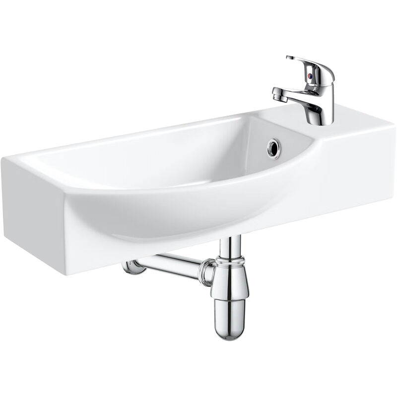 400mm Curved Wall Hung 1 Tap Hole Basin Chrome Dom Tap & Bottle Trap Waste - White