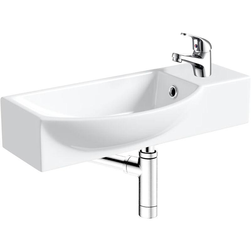 400mm Curved Wall Hung 1 Tap Hole Basin Chrome Dom Tap & Minimalist Bottle Trap Waste - White